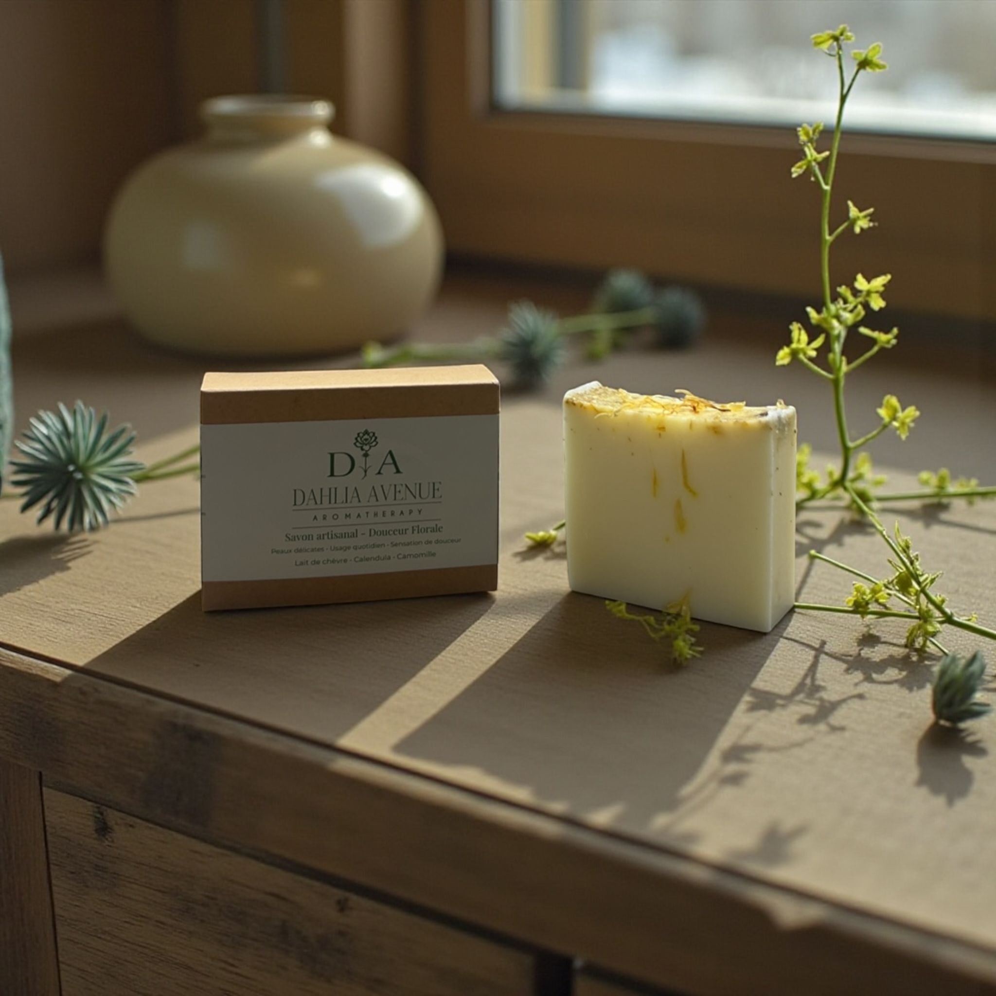 Savon artisanal Lait de chèvre, Calendula & Camomille – Douceur Florale